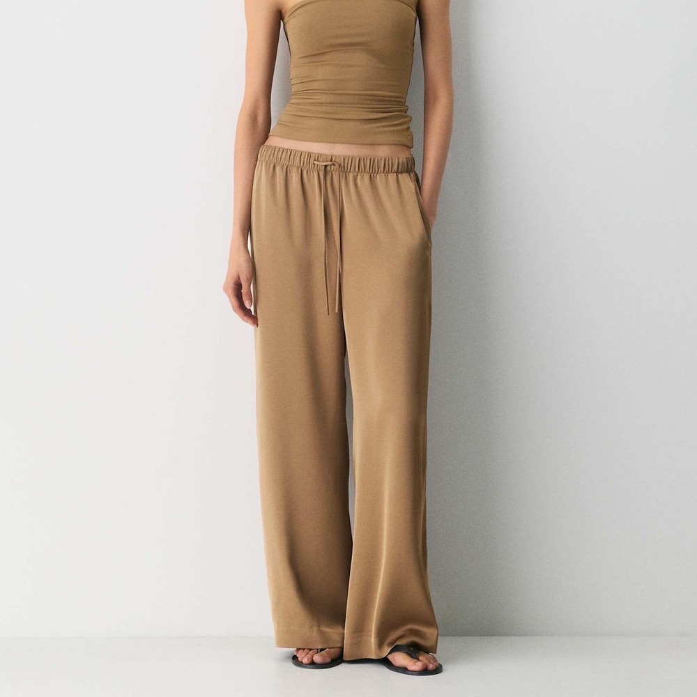 Aritzia Wilfred Aritzia Lodge Pants Satin Tan Wide Leg Drawstring - Small